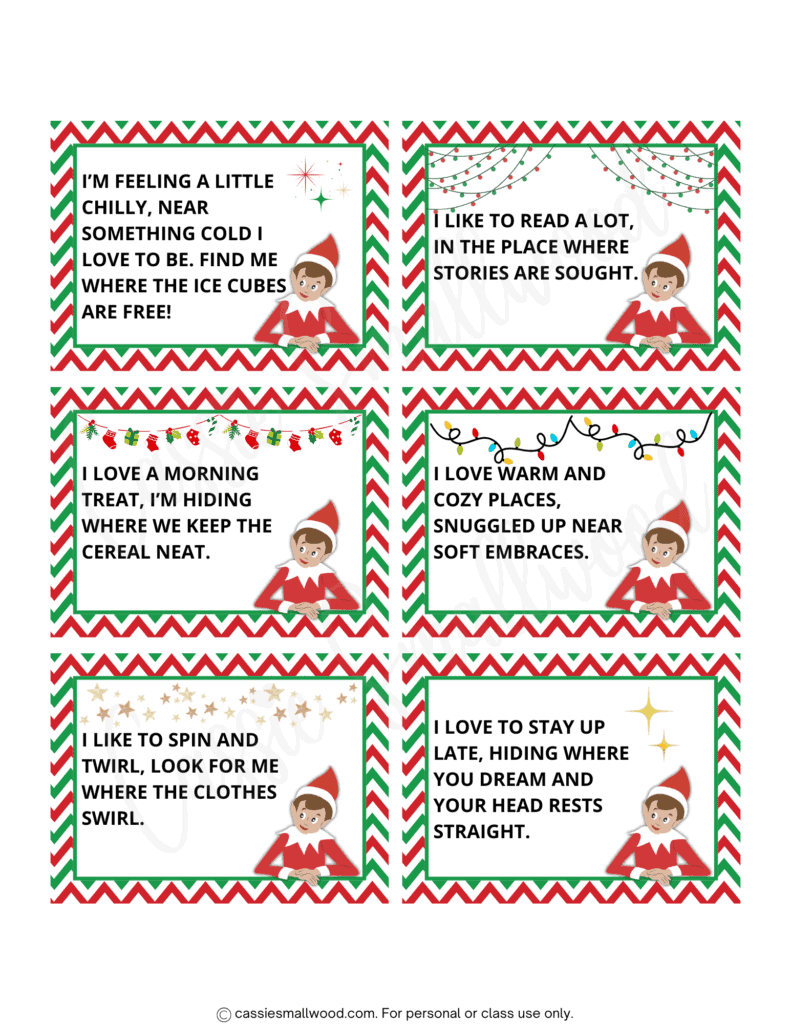 fun elf on the shelf scavenger hunts (free printable clues